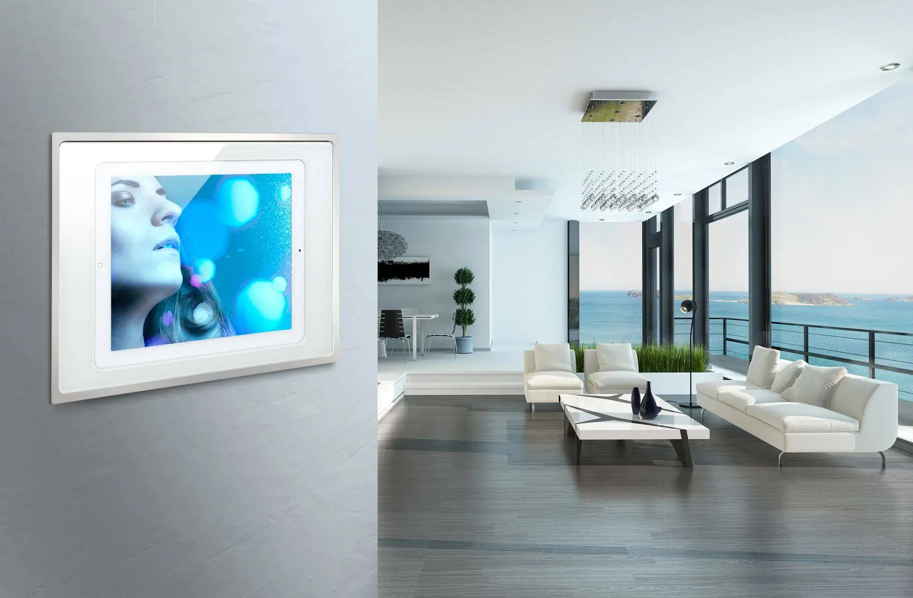 Salon avec vue mer, piloté depuis un écran tactile mural